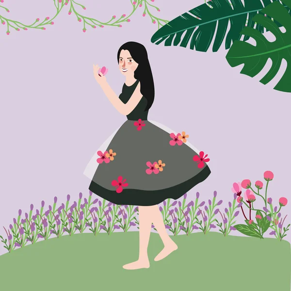 Wanita cantik mengenakan gaun dengan bunga di sekitar - Stok Vektor