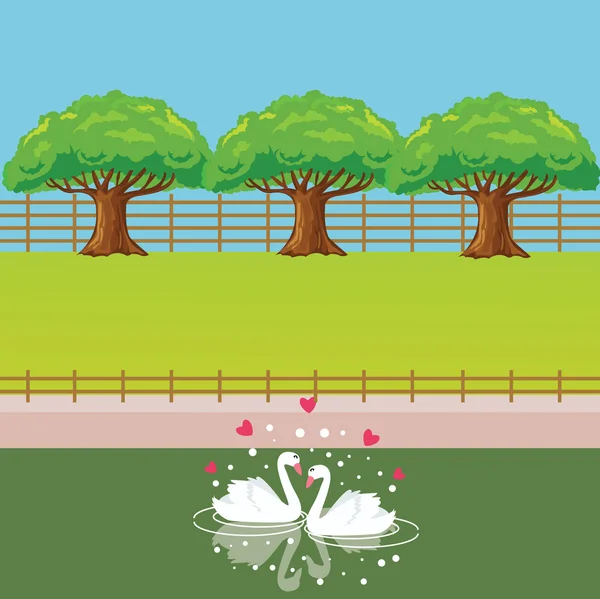 Swan lake szeretet szív alakú fa mögött pár — Stock Vector