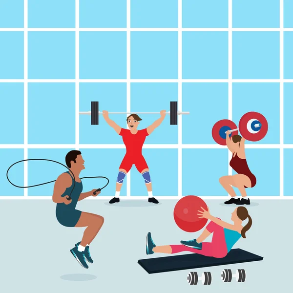 健身房的人锻炼一起健身中心运动适合在室内的男人女人健康 — 图库矢量图片