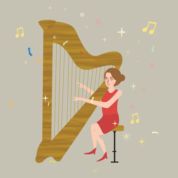 Mädchen spielt Harfe Musikinstrument mit Streichermelodie Illustration — Stockvektor