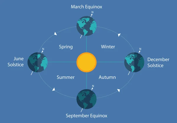 Autumnal echinocțiu diagramă solstițiu eart soare zi noapte ilustrare — Vector de stoc