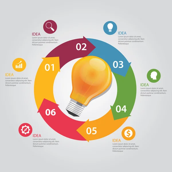 Seis 6 elementos de la idea gráfico gráfico gráfico gráfico círculo bombilla negocio brillo — Archivo Imágenes Vectoriales