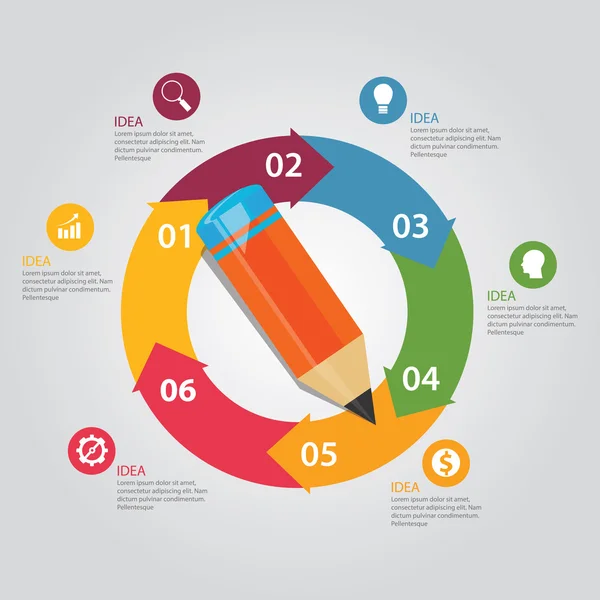 Seis 6 passos círculo seta lápis educação apresentação circular trabalho-fluxo — Vetor de Stock
