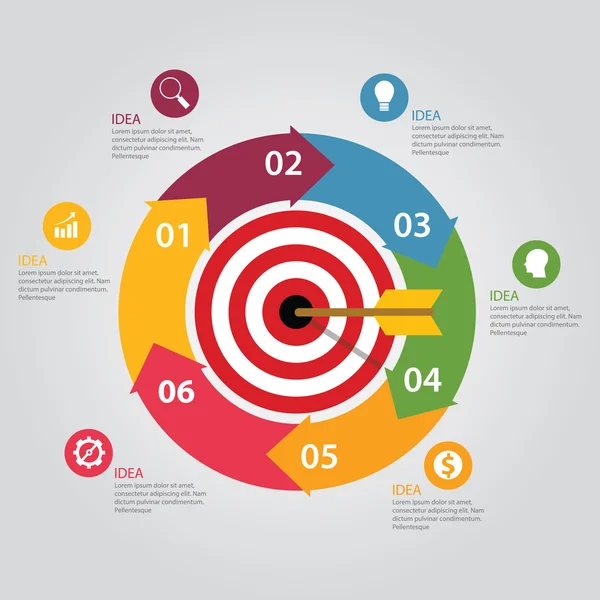 Geschäftsziel Infografik Dartscheibe Pfeil Konzept der Ziele Erreichung Weltkarte — Stockvektor