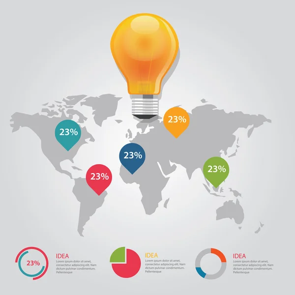 輝きポインター マップ情報グローバル ビジネス アイデア電球結果グラフ世界 — ストックベクタ