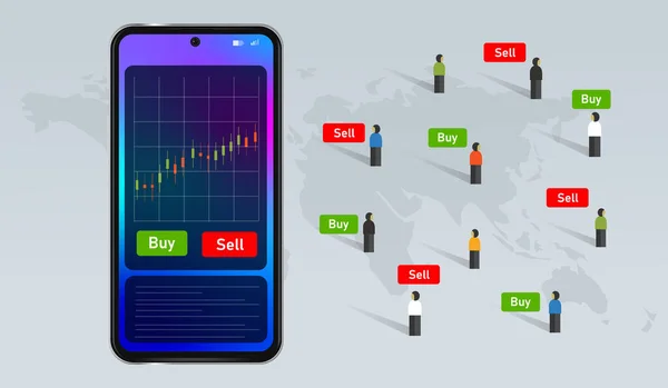 Mobil aktie köpa och sälja transaktion investeringar med hjälp av enhet smartphone-teknik — Stock vektor