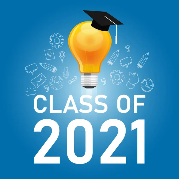 Klasse van 2021 cap en bol in blauw symbool van het onderwijs graduate college pictogram grafische illustratie student universiteit — Stockvector