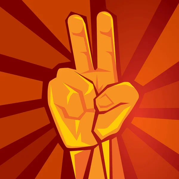 Dos dedos de la mano que muestra levantado el símbolo de apoyo movimiento de la paz retro socialismo cartel vector ilustración en fondo rojo — Vector de stock