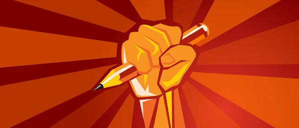 Χέρι κρατώντας μολύβι επανάσταση μεταρρύθμιση της εκπαίδευσης έθεσε γροθιά κόκκινο φόντο εικονογράφηση — Διανυσματικό Αρχείο