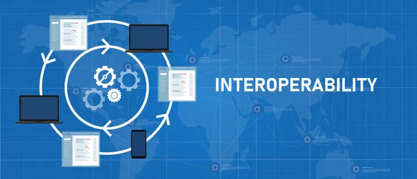 Interoperacyjność różne oprogramowanie technologiczne lub urządzenie współpracujące ze sobą w ramach zintegrowanej wymiany danych i operacji — Wektor stockowy