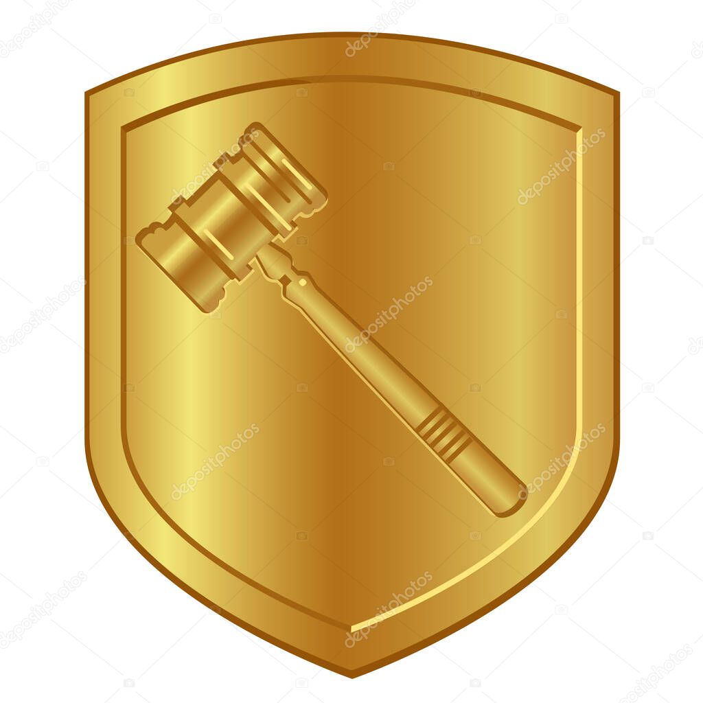 Gold hammer symbol logo in golden shield lawyer or auction gavel vector