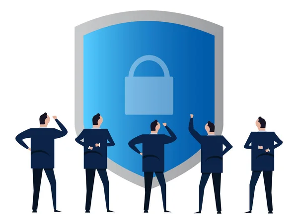 Sicherheit Vorhängeschloss Schutz Schutzschild Symbol der Privatsphäre Geschäftsleute diskutieren verwalten — Stockvektor