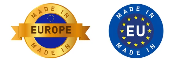 Fabriqué en Europe Timbre d'étiquette de l'Union européenne pour le produit fabriqué par la société européenne sceau ruban d'or et drapeau — Image vectorielle