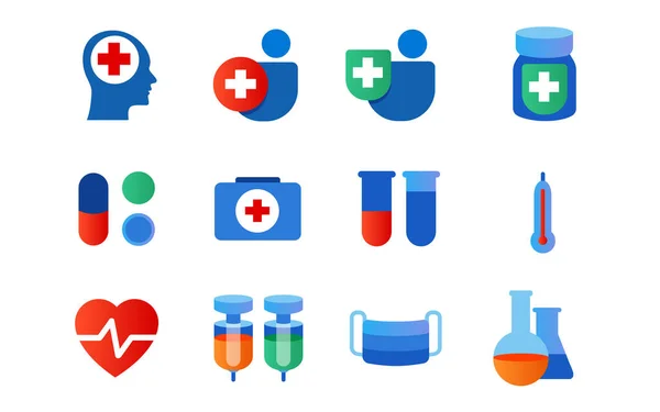 Health icon set vaccine bottle face medical mask cross sign thermometer drug blue color — Image vectorielle