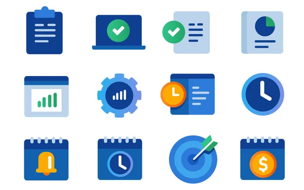 Conjunto de ícones coleção de calendário de notificação de engrenagem de produtividade gerenciamento de projetos alerta relógio de sino lista de tarefas alvo na cor azul —  Vetores de Stock