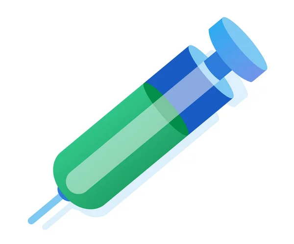 Ícone de seringa agulha ferramentas de injeção descartáveis médico para vacinação medicamento símbolo objeto verde e azul —  Vetores de Stock