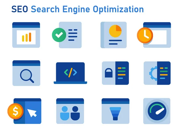 SEO icon search engine optimization graphic set of website analytics αναφέρει δεδομένα επισκεπτών χρηστών και λέξεις-κλειδιά μετα-ετικέτα απόδοση κώδικα — Διανυσματικό Αρχείο