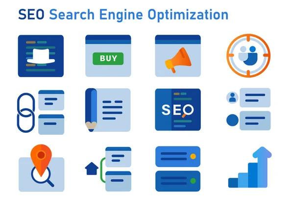 SEO search engine optimization icon set of white hat buy icon user target link building backlink local sitemap and social media —  Vetores de Stock