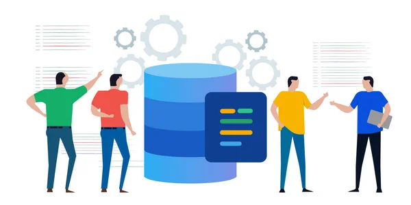 Base de datos SQL estructurado lenguaje de consulta equipo de personas discutir la codificación para almacenar datos en el servidor utilizando DBMS — Archivo Imágenes Vectoriales