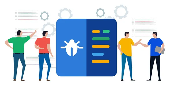 Team av programmerare utvecklare letar efter buggar malware fel i kodning felsökning programvara ansökan — Stock vektor