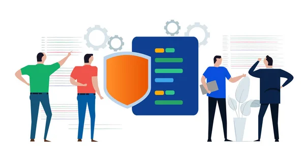 Code beveiliging schild symbool online programmering veilige technologie programmeur werken aan het versleutelen van gegevens informatie in digitale — Stockvector