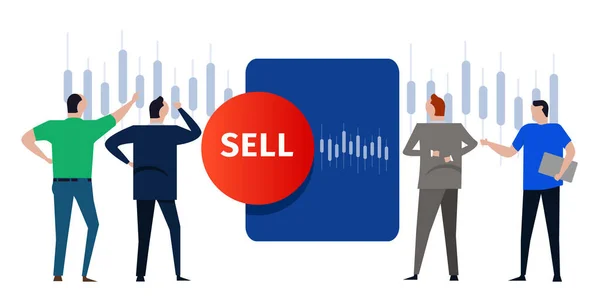 Verkaufsaktien roter Knopf Markt Transaktion Händler Analyst Anleger Blick in Kerzenständer Diagramm Vorhersage unter Gewinnschnitt Verlust — Stockvektor