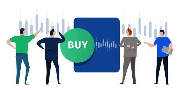 Comprar acciones verde botón mercado transacción comerciante analista inversor mirar en el gráfico del candelero predecir tomando pérdida de corte de beneficios — Vector de stock