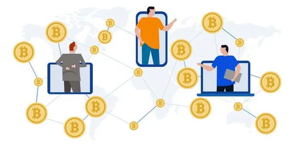 Bitcoin crypto chaîne de blocs de monnaie numérique transaction de monnaie électronique réseau d'affaires international entre l'ordinateur portable appareil téléphone intelligent mobile — Image vectorielle