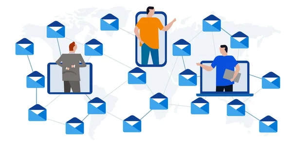 E-mail wiadomości e-mail komunikacji osób wysyłających ikonę odbierania kopert na całym świecie komunikacji cyfrowego ruchu technologii — Wektor stockowy