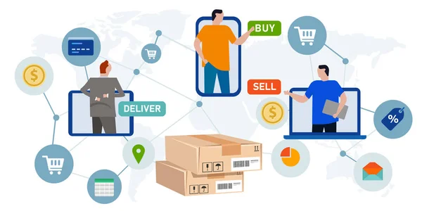 E-commerce międzynarodowy na całym świecie ludzie kupują online z mobilnego smartfona detaliczny rynek dostawy skrzynki globalnej transakcji handlowej cyfrowej — Wektor stockowy