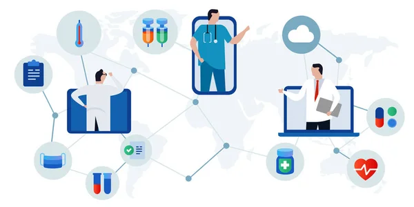 Teletıp e-sağlık tele-sağlık online doktor danışmanlığı, sağlık hizmetlerini teşhis etmek için akıllı telefon gibi dijital internet aygıtı kullanıyor. — Stok Vektör