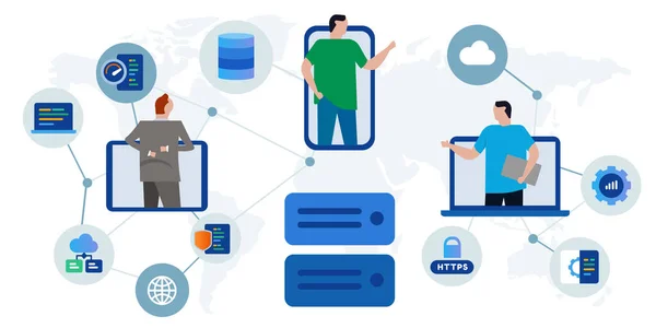 Servidor alojamiento centro de datos infraestructura de hardware global colaboración internacional gestión almacenamiento base de datos rendimiento digital — Archivo Imágenes Vectoriales