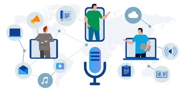 Podcaster audio podcast rádiótechnológia kapcsolat globális multimédiás szórakoztató mikrofon ikon — Stock Vector