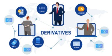 Derivatives investment based on underlying financial asset like an index bonds commodities currencies interest clipart
