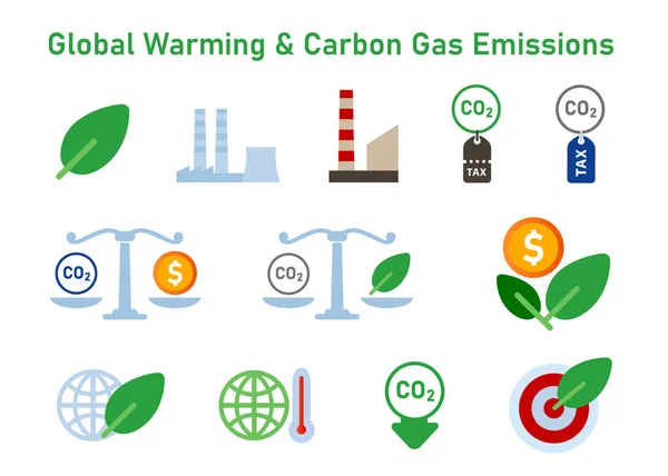 Conjunto de ícones de aquecimento global emissões de gases de carbono mudança climática co2 imposto compensação de carbono neutro —  Vetores de Stock