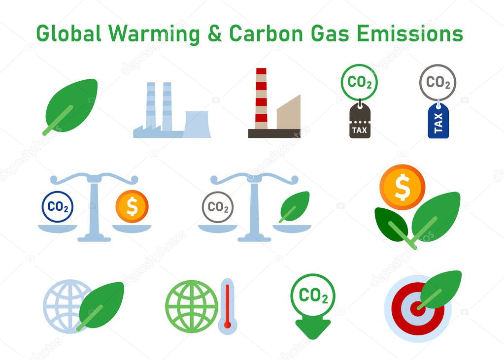 icon set of global warming carbon gas emissions climate change co2 tax carbon offset neutral