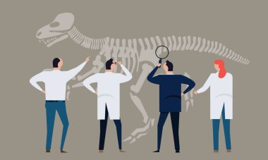 Arkeoloji araştırmacısı tarihçi paleontolog öğrenen dinozor kemik takımını araştırıyor.