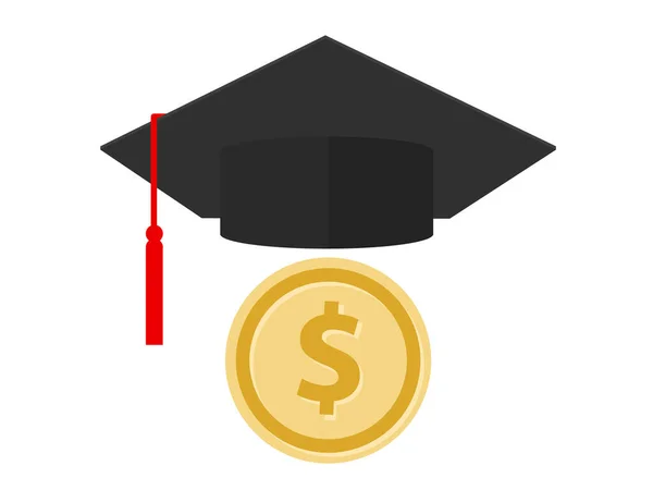 Moneda y sombrero de graduación símbolo de la tapa icono de la cuota de grado de educación costo préstamo universitario o ahorros — Vector de stock