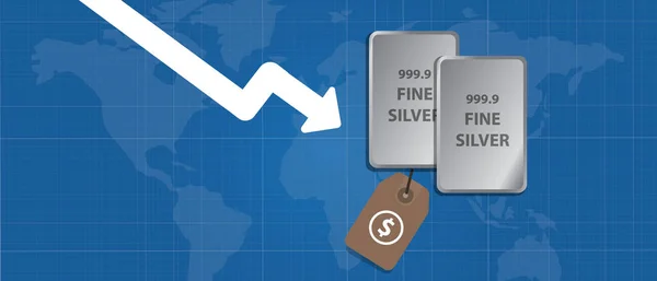 Barra de prata de metal precioso indo para baixo queda queda baixa declínio do mercado de comércio gráfico de seta internacional para baixo — Vetor de Stock