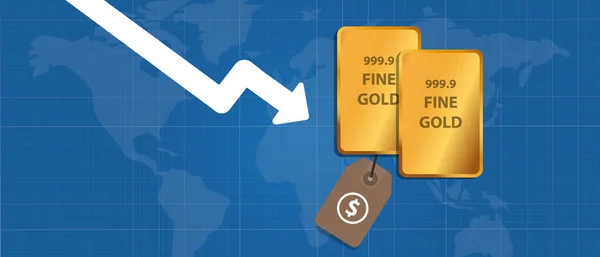 Barra de ouro metal precioso indo para baixo queda queda baixo declínio do mercado de comércio gráfico de seta internacional para baixo — Vetor de Stock