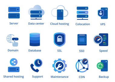 CDN ve SSL 'ye paylaşılan Colocation sunucusundan web sunucu servis simgesi seti