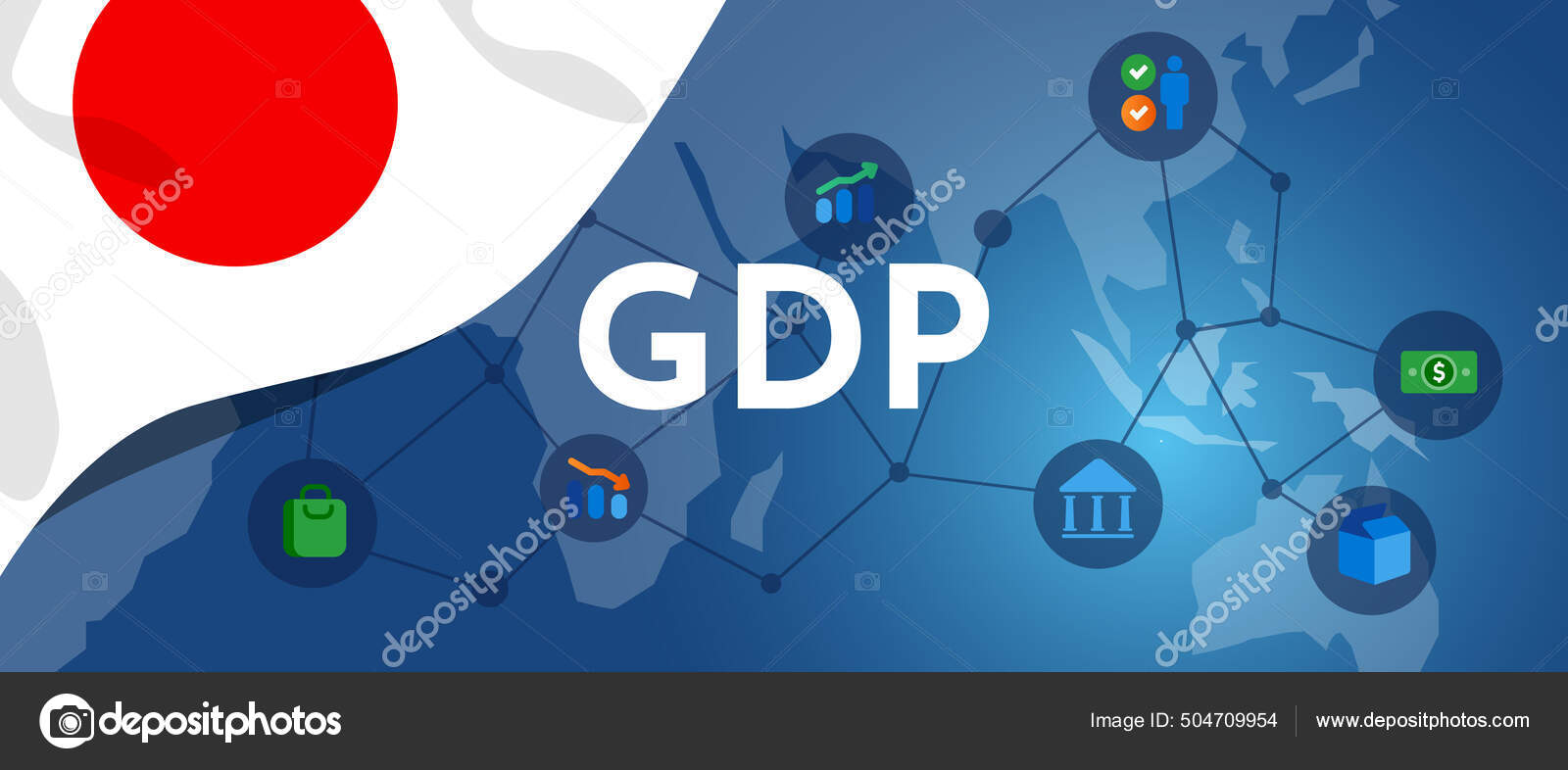 Japan GDP gross domestic product of Japanese flag and map illustration