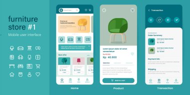 Mobil uygulama kullanıcı arayüzü UI UX mobilya mağazası online mağaza e-ticaret web sitesi tasarımı akıllı telefon modellemesi