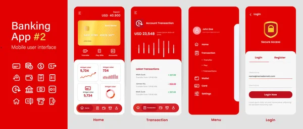 Banki alkalmazás mobil interfész felhasználói felület elrendezés képernyő alkalmazás design piros színű arany kártya — Stock Vector