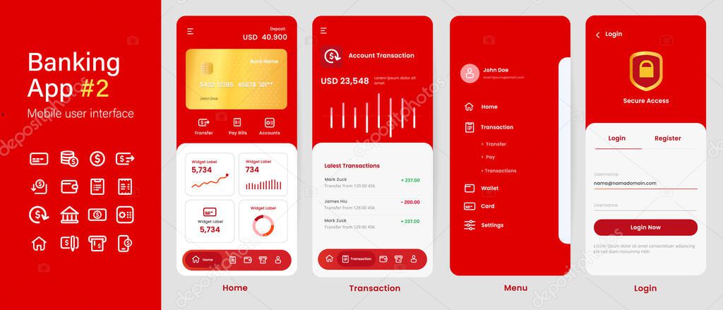 Banking app mobile interface user interface layout screen application design in red color gold card