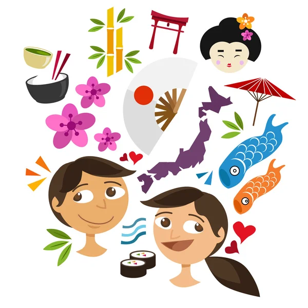 Budaya Jepang Ikon Jepang menetapkan objek Asia seperti koinobori peta sushi - Stok Vektor