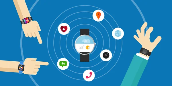 Smart watch dispositivo elettronico di nuova tecnologia con applicazioni icone piatto disegno vettoriale illustrazione indossabile — Vettoriale Stock