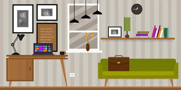 Hogar espacio de trabajo interior mesa y sofá — Vector de stock