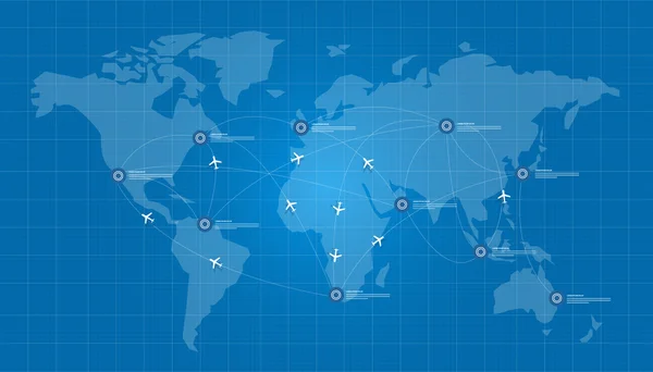 Wereld kaart vliegtuig logistieke in blauwe afdrukken netwerk — Stockvector