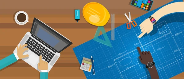 Építészet építés íróasztal csapatmunka blueprint — Stock Vector